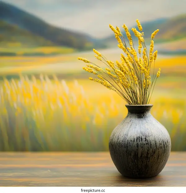Vase With Yellow Flowers Against Blurry Background Of Field And Mountain
