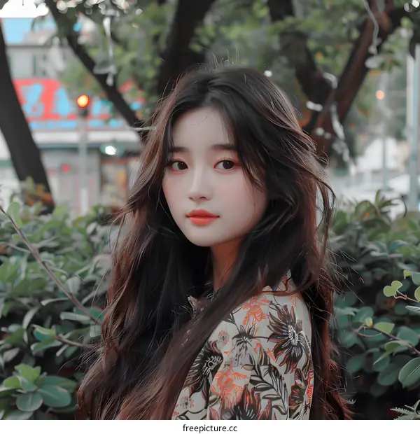 Beautiful Asian Woman with Long Dark Hair Posing Outside