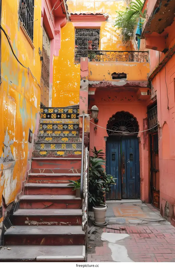 A colorful staircase in a Mexican neighborhood