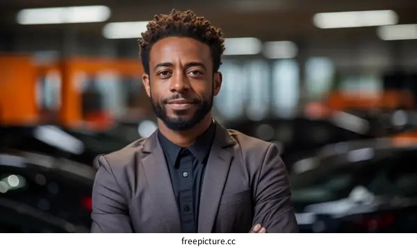 Portrait of a successful African American businessman standing in a car dealership