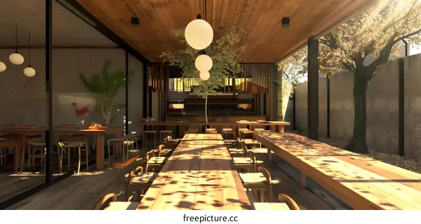 Modern Japanese Restaurant Design with Wooden Tables and Chairs