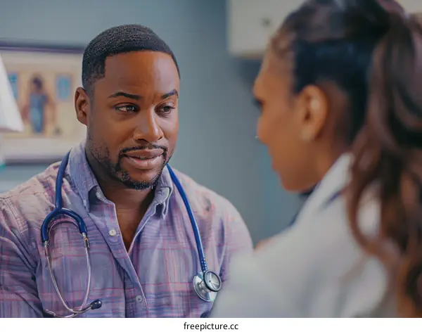 A black male doctor is talking to a female patient.