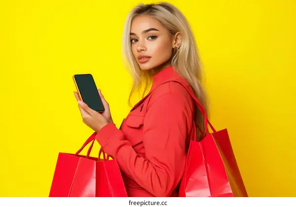 Young Woman Holding Smartphone and Shopping Bags