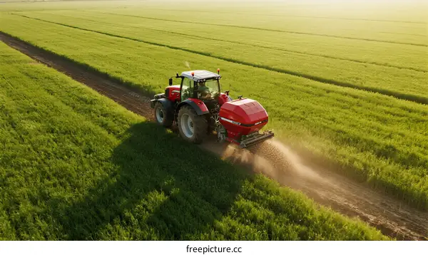 Red Tractor Cultivating Green Field with Precision Seeding