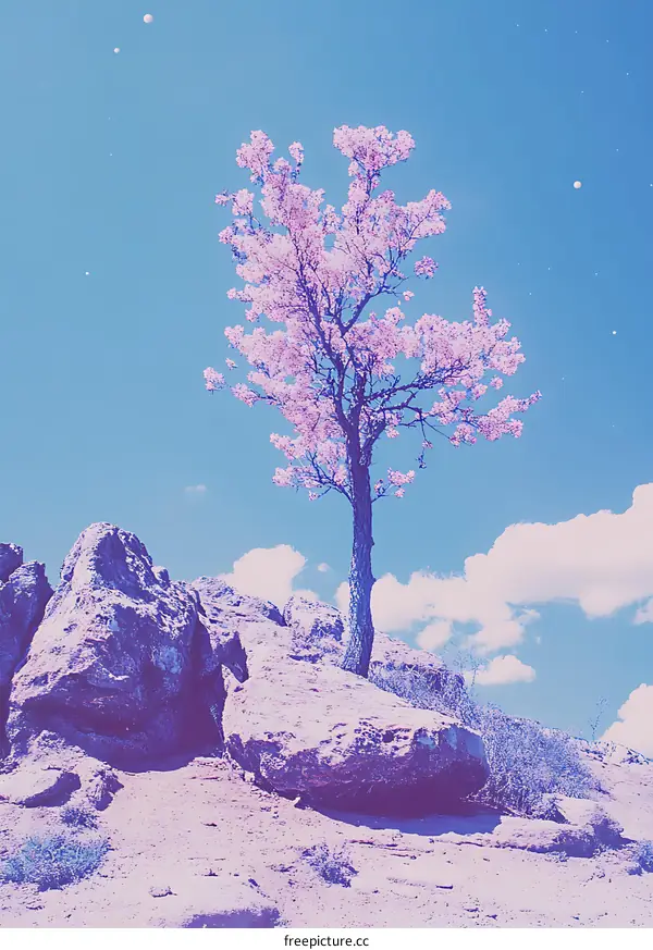 Pink Blooming Tree on a Rocky Hill with Blue Sky