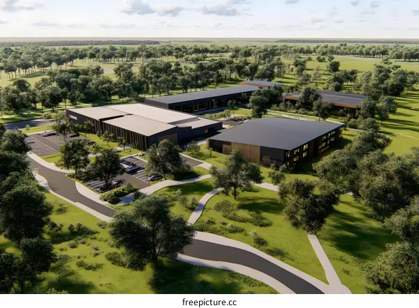 Aerial View of Modern Office Buildings Surrounded by Green Trees and Grass