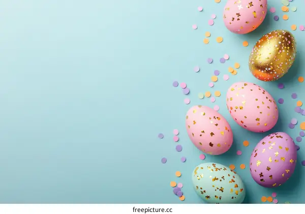 Pastel Easter Eggs with Confetti Background
