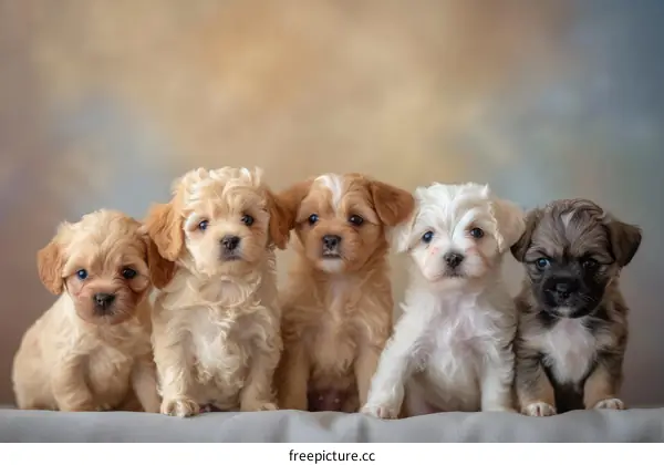 Five cute puppies sitting in a row
