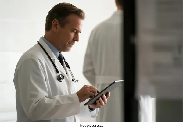 Doctor using digital tablet for medical record checking in hospital