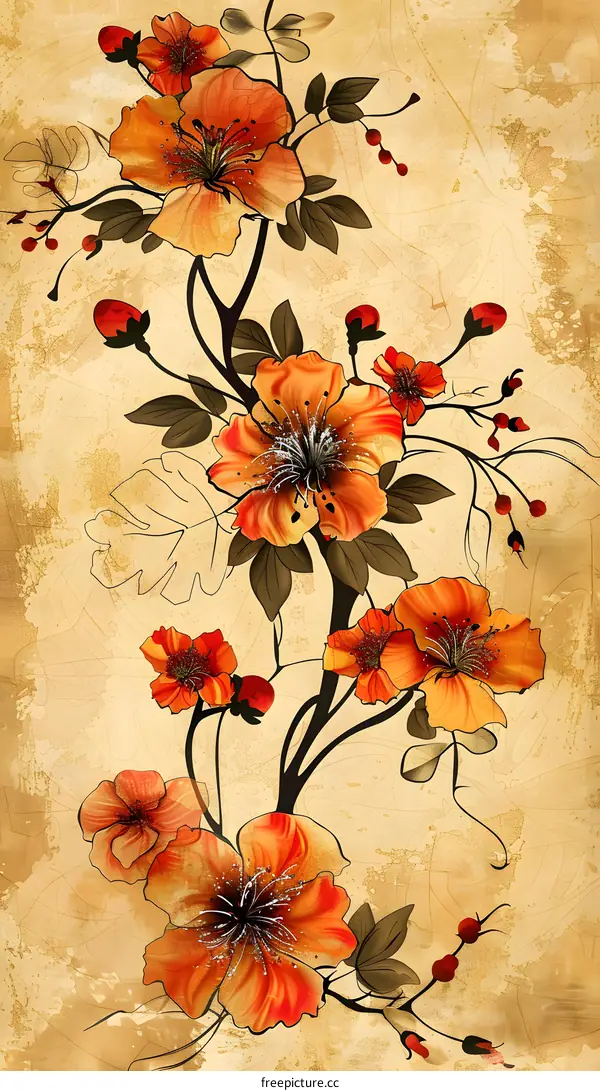 Orange Blossom Watercolor Painting on Vintage Paper