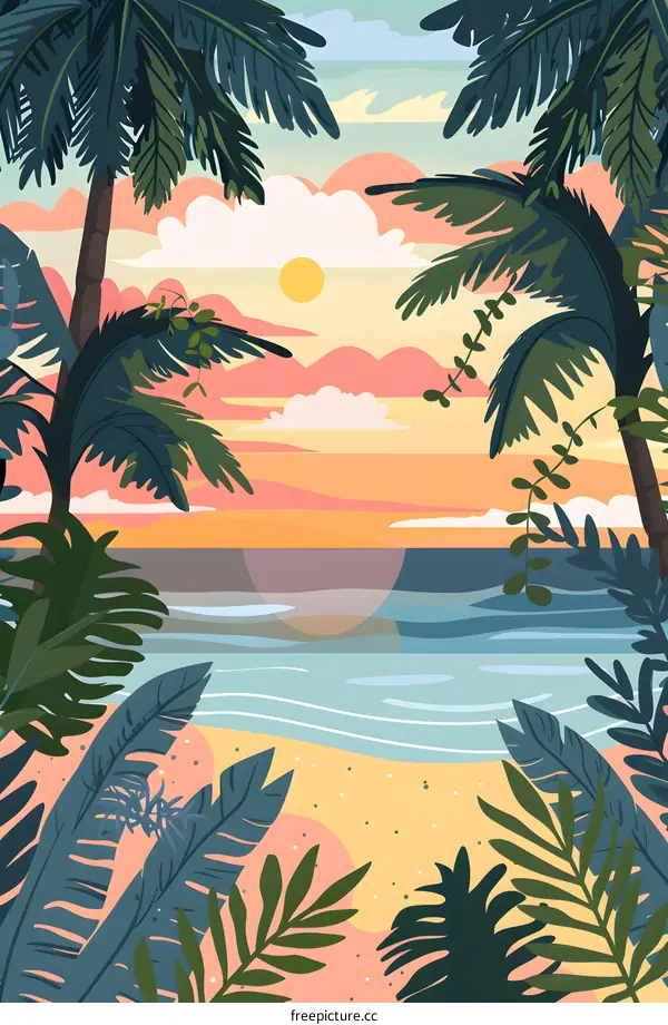Tropical Beach Sunset Landscape Illustration