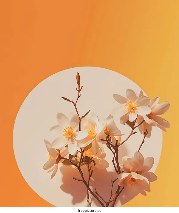 White Magnolia Flowers on a Yellow and Cream Background
