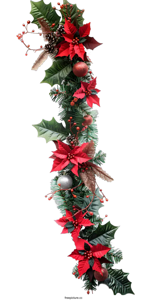 [Transparent Background PNG]Christmas Garland With Poinsettia, Pine Cones And Berries