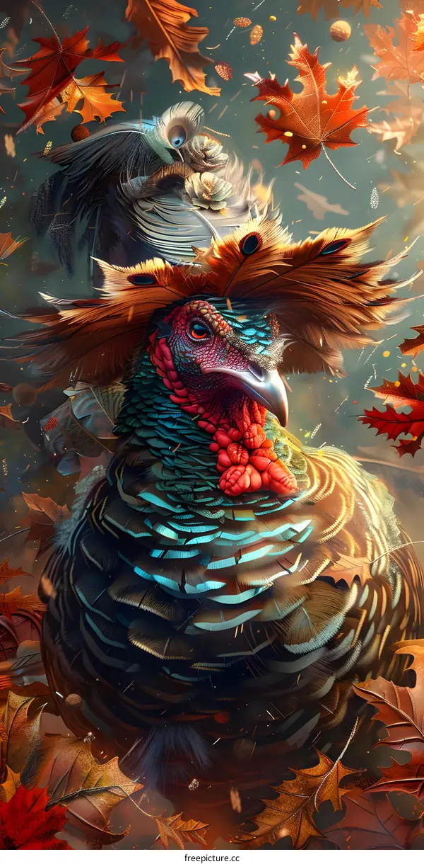 A turkey wearing a hat decorated with autumn leaves