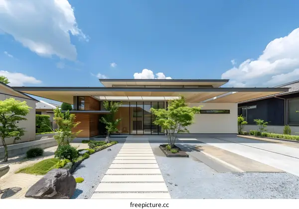 Modern Japanese Style House with Gravel Garden and Blue Sky