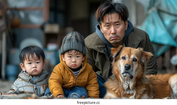 A man and his two sons with a dog