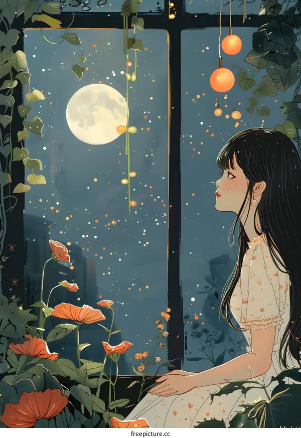 girl looking out the window at night
