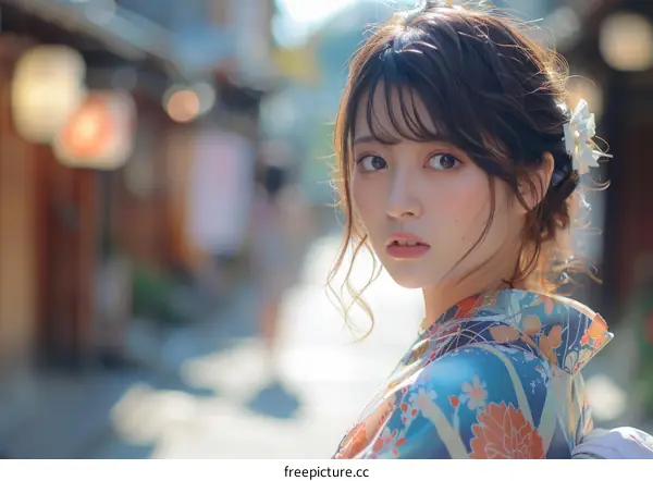 Japanese Woman in Kimono in a Traditional Street Scene