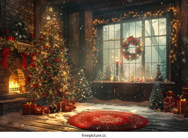 Christmas tree in front of the fireplace