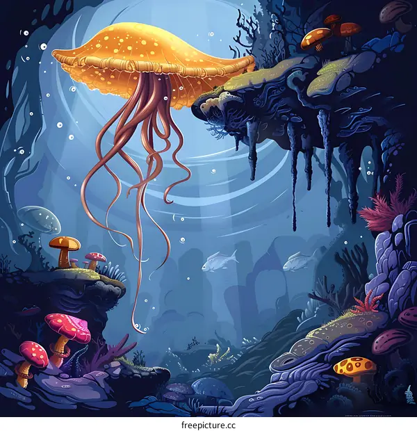 Colorful Underwater Fantasy Illustration with Jellyfish and Coral Reefs