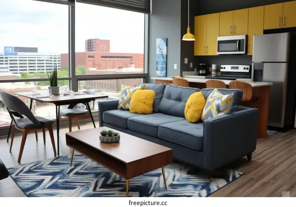 Modern living room with blue couch, yellow accents & large window