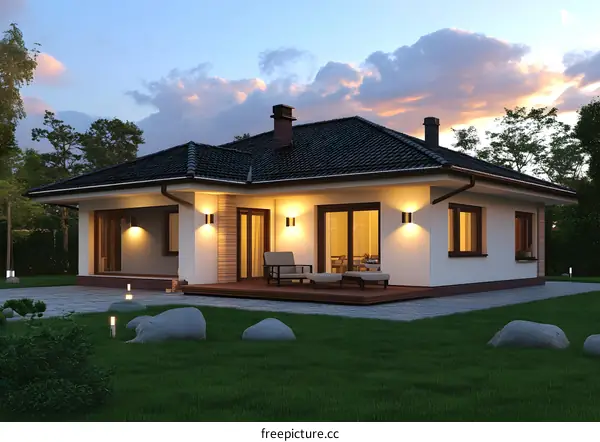 Modern House Design with a Patio and Lawn