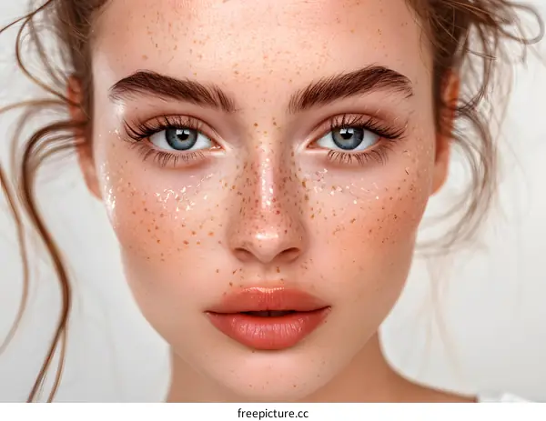 Close-up portrait of a young woman with freckles