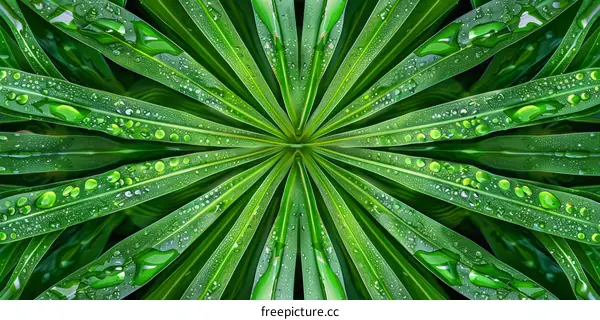 Green Leaves with Water Drops in a Symmetrical Pattern
