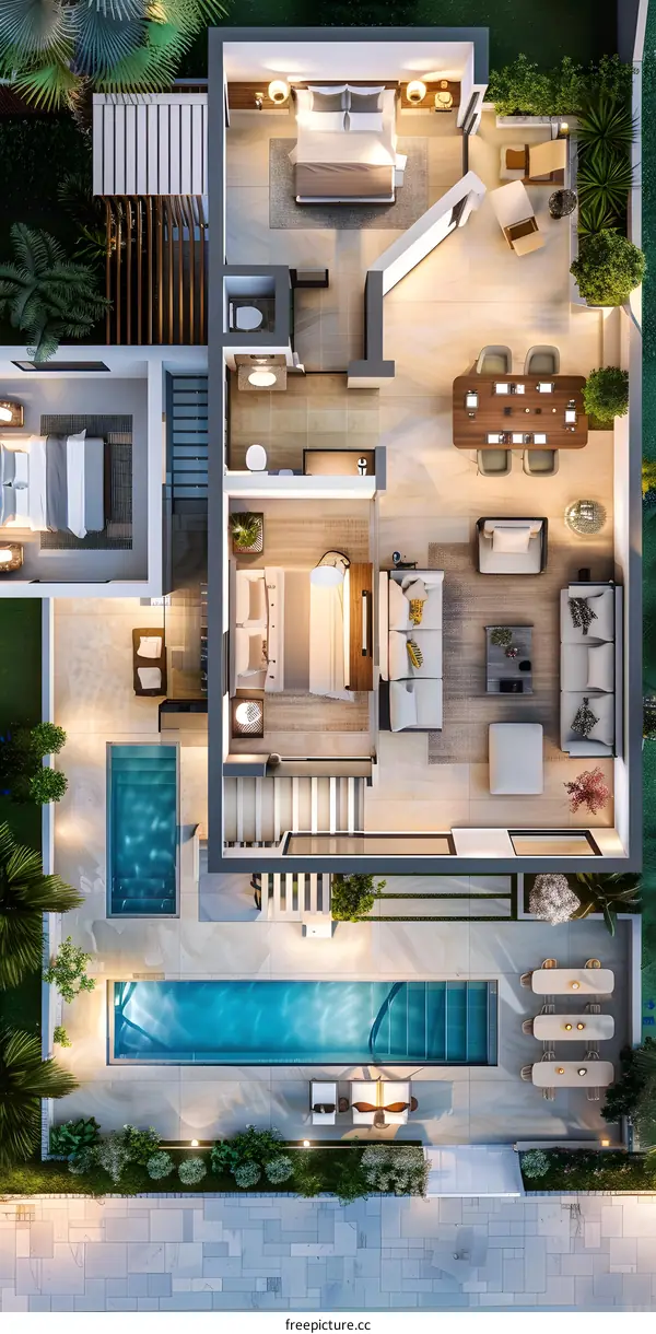 Top View Illustration of Modern Luxury Villa with Swimming Pool and Outdoor Furniture