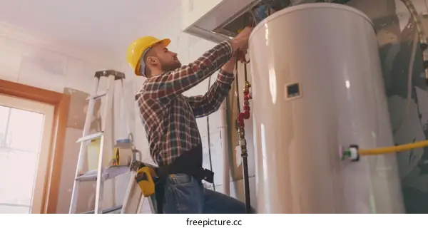 Young plumber installing water heater at home