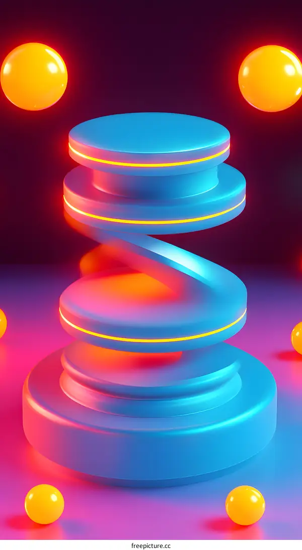 Abstract 3D Neon Blue and Yellow Shape on Pink Background