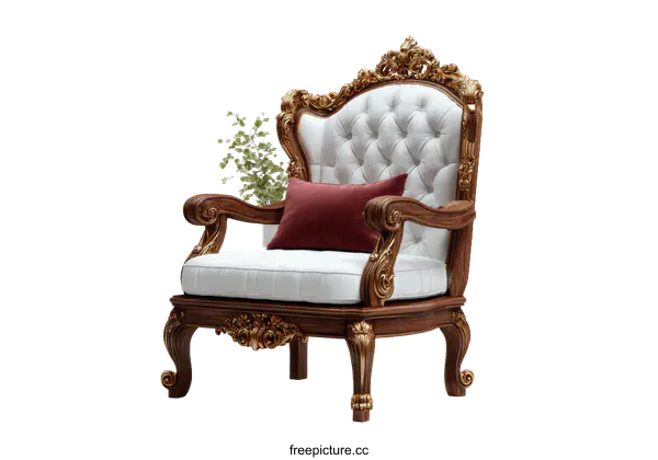 [Transparent Background PNG]Ornate Wooden Armchair with Embroidered Upholstery