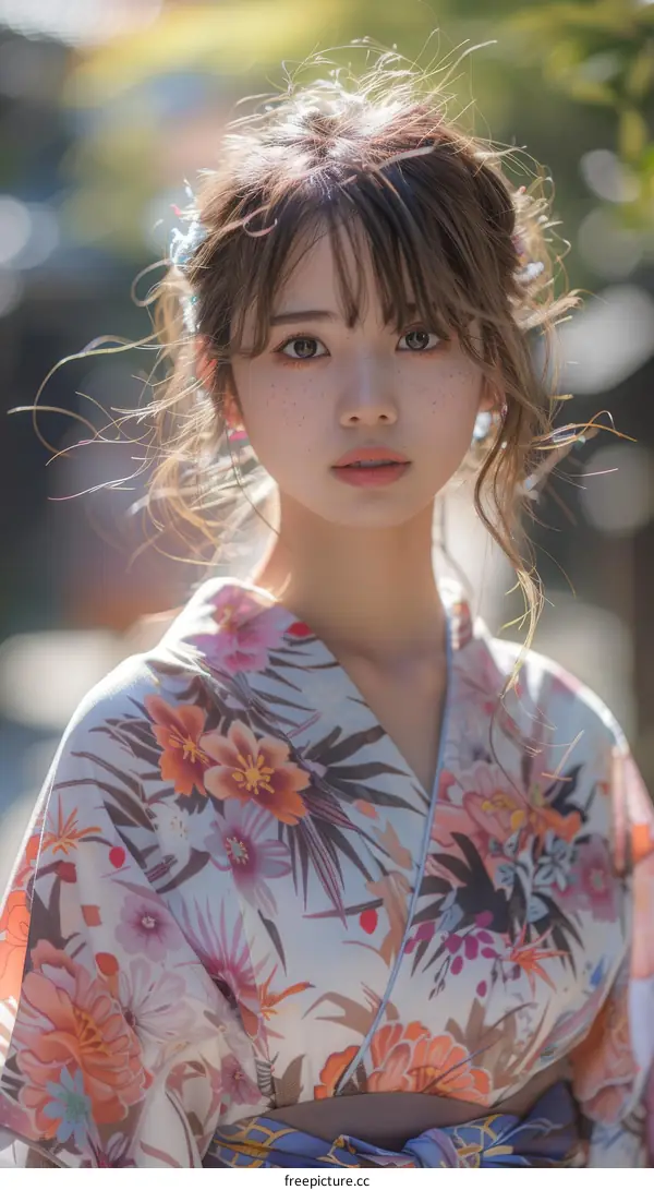 Portrait of a Beautiful Asian Woman in a Floral Kimono