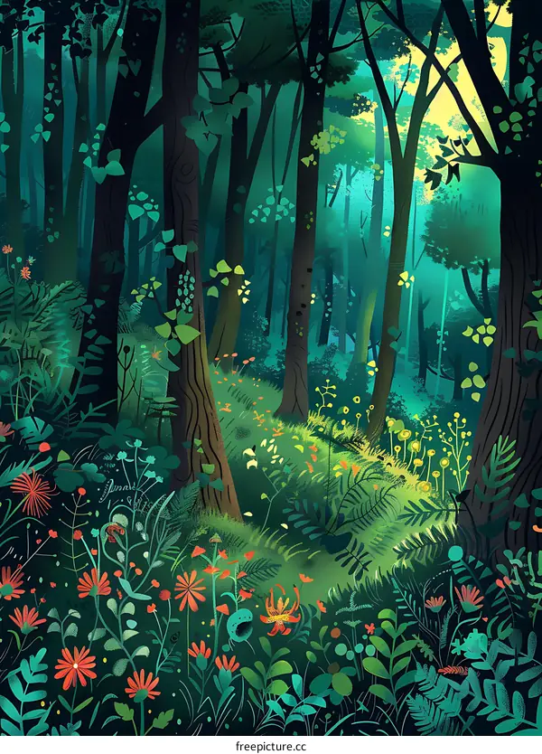 Summer Forest Illustration with Lush Greenery and Flowers