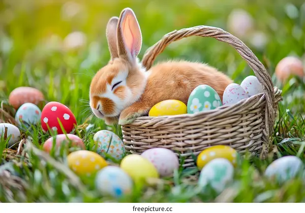 Adorable Baby Bunny in Easter Basket with Colorful Eggs