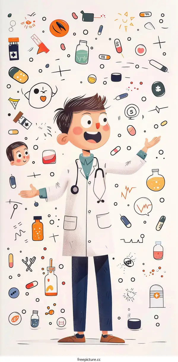A young male doctor is surrounded by medical symbols
