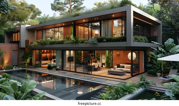 A modern house with a pool and a garden