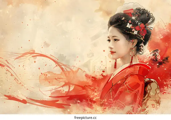 An illustration of a beautiful Japanese woman in traditional clothing