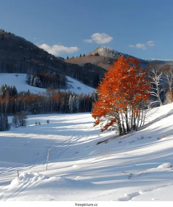 A lonely tree stands in a snowy field with a forest of bare trees behind it.