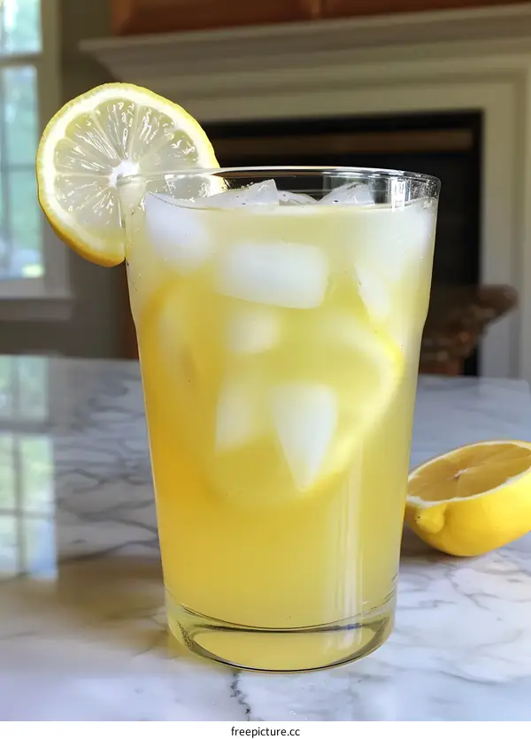 Glass of Lemonade with Lemon Wedge and Ice Cubes