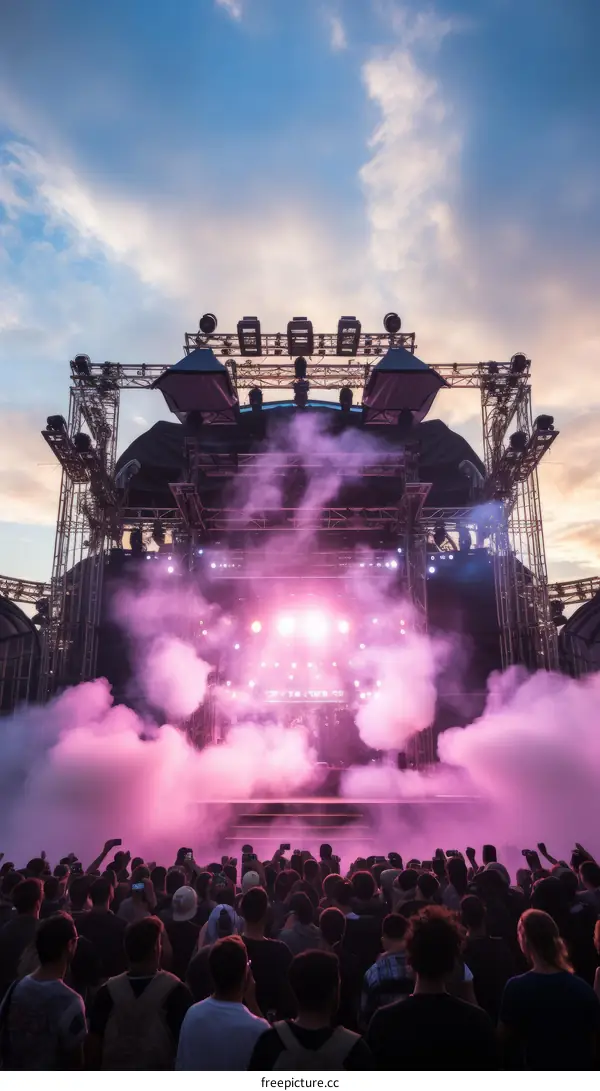 A large crowd of people at an outdoor music festival with a large stage and bright lights