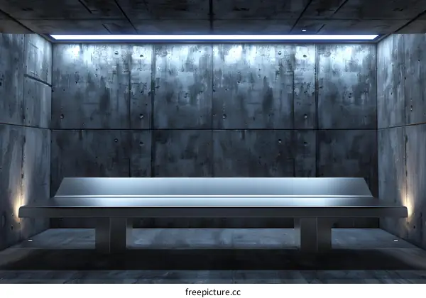 Concrete Room with a Metal Bench and Neon Light