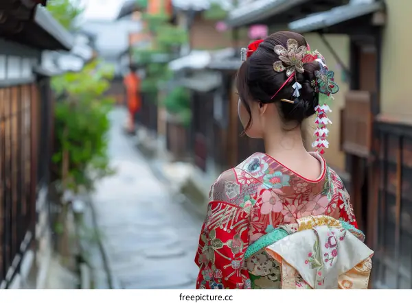 A woman wearing a kimono is walking down a street in Japan.