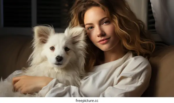 A beautiful young woman with long blonde hair is sitting on a couch with a small white dog.