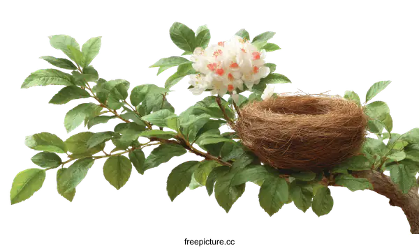 [Transparent Background PNG]Empty Bird Nest on Branch with Flowers and Leaves