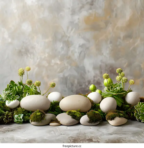Green Mossy Stones and Succulents Arrangement on White Background