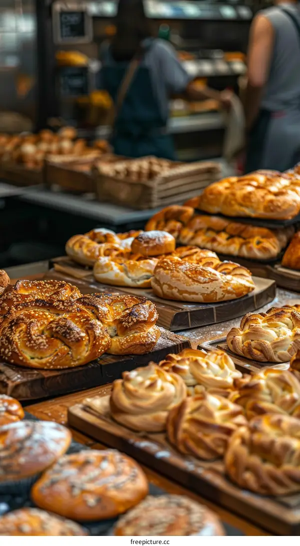 Loaf of bread and bread rolls on wooden trays in a bakery
