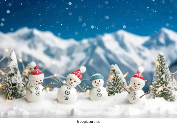 Five happy snowmen with Christmas hats and a snowy mountain landscape in the background