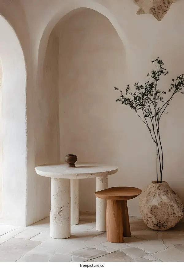 Minimalist Interior Design with Stone Table and Wooden Stool