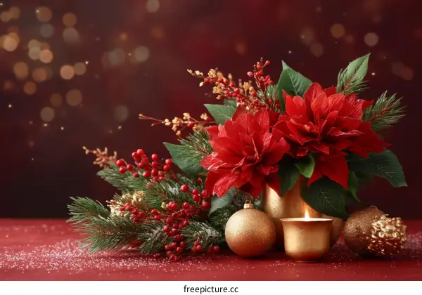 Christmas Arrangement with Poinsettia and Ornaments